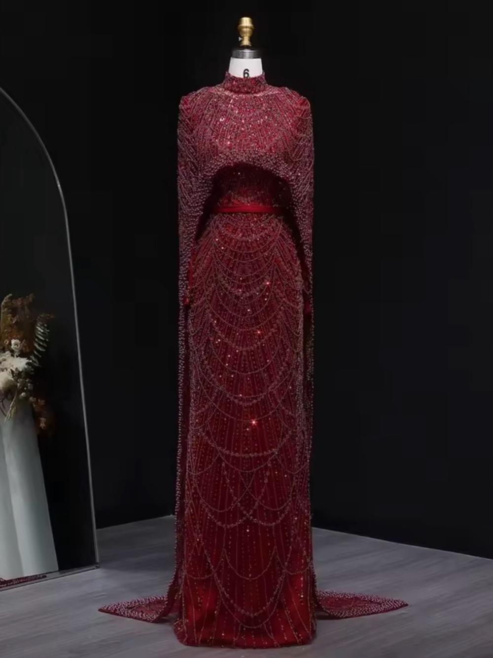 Glamorous Burgundy Beaded Evening Gown with Cape hijabi friendly